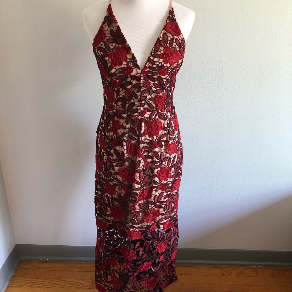 Dress the Population Red Floral Lace Midi Dress